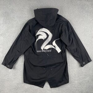GU‎ Aerosyn Lex Mestrovic Parka Jacket Mens M Black Hooded Full Zip Rare Artwork